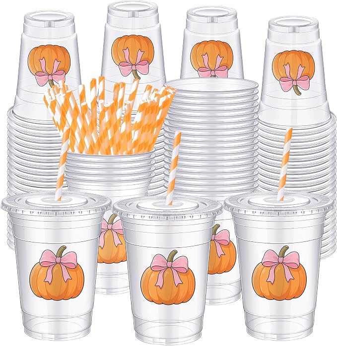 Sliner 50 Pcs 16 oz Coquette Disposable Plastic Cups with Straw for Party Supplies Bow Cups Birthday Wedding Bridal Engagement Party Drinkware Baby Shower Decoration (Pumpkin)