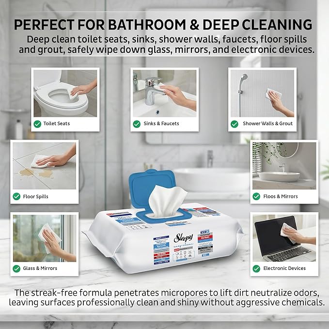 Sleepy Easy Clean XL Heavy Duty Cleaning Wipes (100 Count) – Chlorine-Free Bleach & Vinegar Formula – Large 8"x8" Multi Surface Scrubbing Wipes for Bathroom, Grout, Tile, Glass, Carpet Spots & Stain