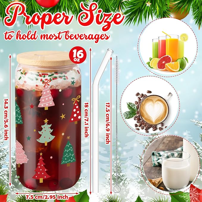 Sliner 2 Pcs Christmas Tree Glass Cups Summer Xmas Tumbler with Lid Straw Drinking Glasses 16 oz Iced Coffee Cup with Cleaning Brush Beer Can Tumbler Cute Holiday Gifts