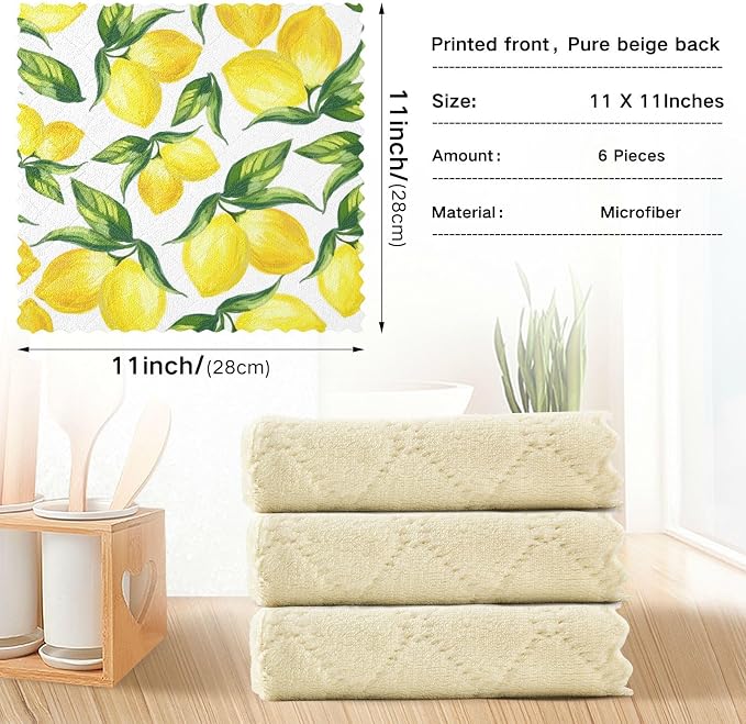 ALAZA Kitchen Towels Yellow Lemon and Green Leaves on White Dish Towels Multipurpose Reusable Dish Cloths Soft Cleaning Cloth Kitchen Accessories Set of 6,11"x11"