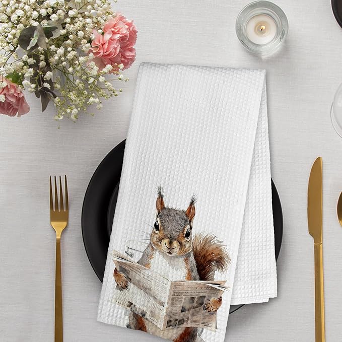 Funny Squirrel Hand Towels for Bathroom Washroom, Rustic Squirrels Decorative Hand Towels Set of 2, Cute Wild Animals Squirrel Dish Tea Towels for Kitchen Cabin Farmhouse Decor, 16x24 Inch
