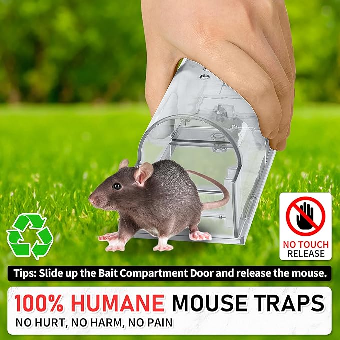 LULUCATCH Humane Mouse Traps 2 Pack | Live No Touch Catch and Release No Kill Rodent Traps | Reusable with Cleaning Brush | Pet Safe Indoor Outdoor for Mice, Rats, Chipmunks, Voles, White