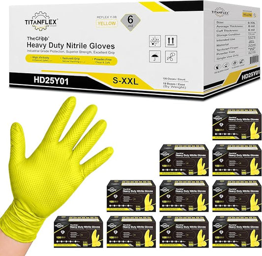 TitanFlex Heavy Duty Industrial Nitrile Gloves with Raised Diamond Texture, 6-mil, Latex Free (Yellow)