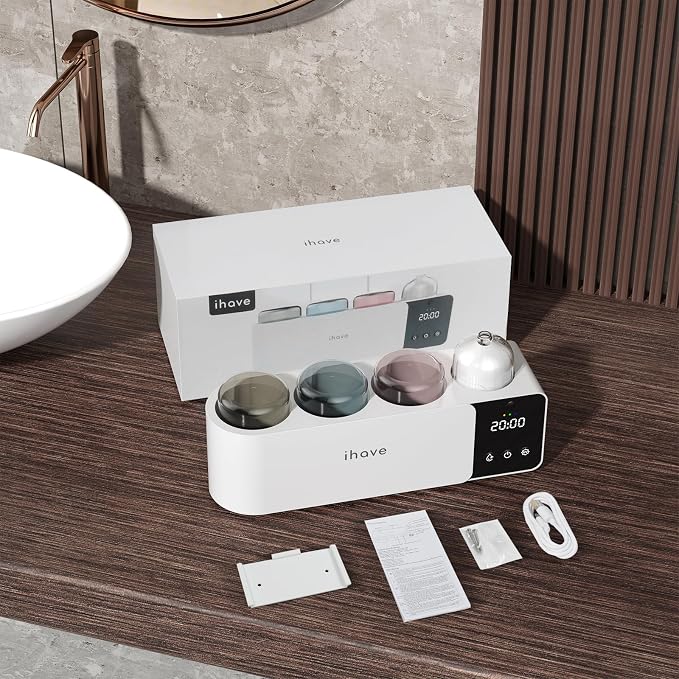 iHave Toothbrush Holders Wall Mounted with Toothbrush Sanitizer &Aromatherapy Diffuser Auto-Cycle Disinfection, Heated Fan Drying, USB Rechargeable, IR Night Light, LED - 3 Cups Bathroom Organizer