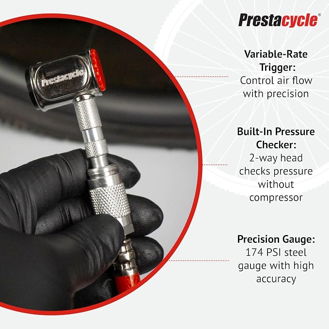 Prestaflator Bike Tire Inflator, Presta & Schrader Valve Air Compressor Tool – Works with Tubeless & Standard Tires – Bike & Car Air Compressor Tire Inflator for MTB & Road Bikes