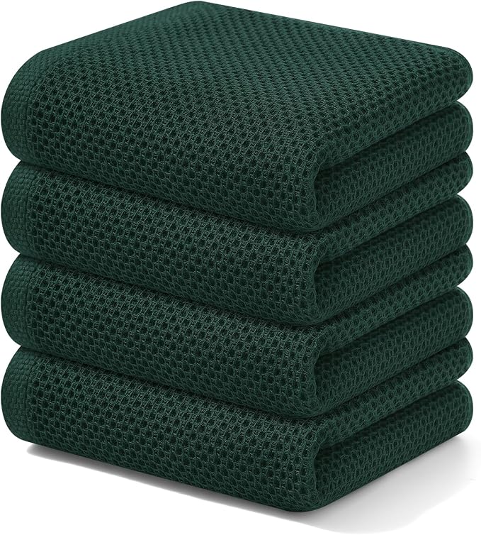 Kitinjoy 100% Cotton Waffle Weave Kitchen Hand Towels (13 X 28 Inches, Blackish Green), 4-Pack Super Soft and Absorbent Dish Towel for Drying Dishes