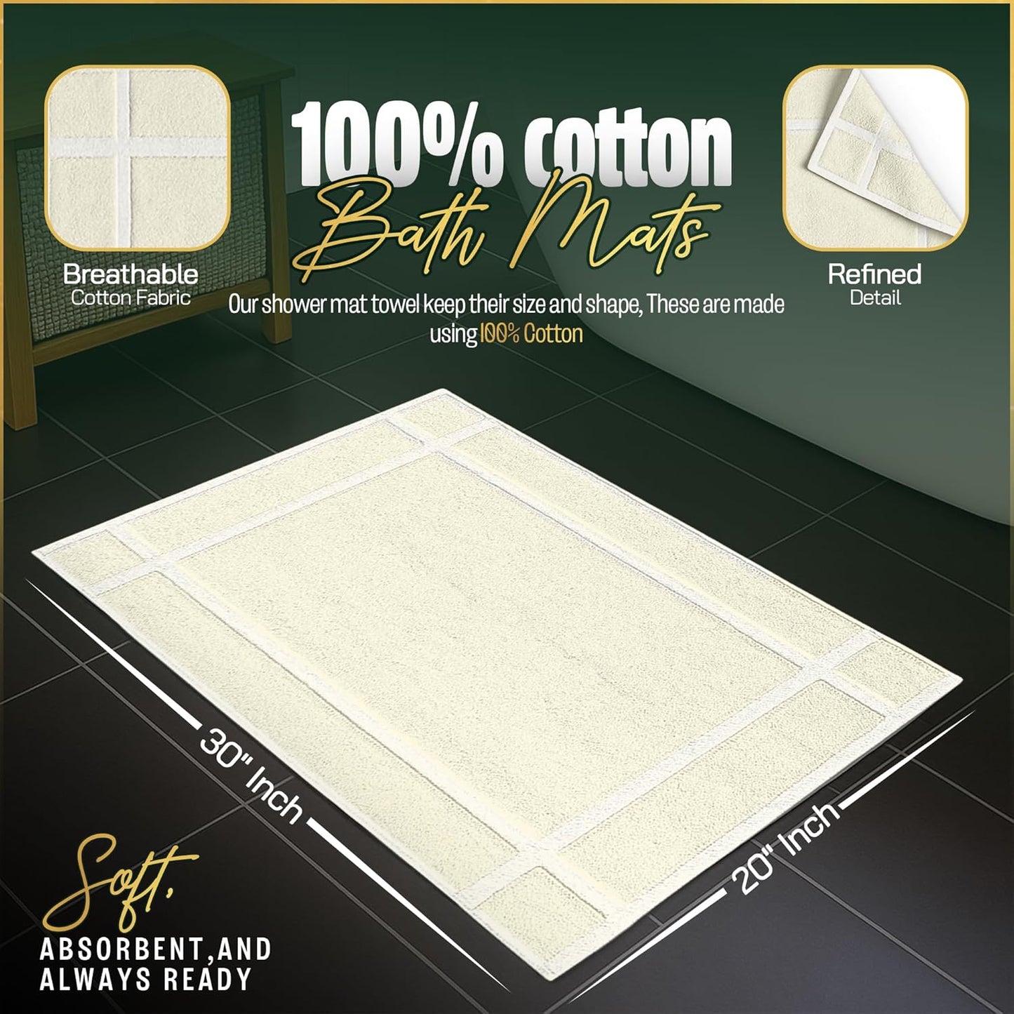Pearl Linens Pack of 2 100% Cotton Bathmat 20x30 inches, Soft & Absorbent Quick Dry Bathroom Mat Set, Not Bathroom Rugs, After Shower Mat, Bath Tubmat, 687 GSM, Machine Washable, Ivory