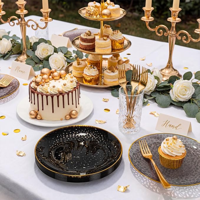 DaYammi 240Pcs Black Plastic Plates Including 120Pcs Black Dessert Plates and 120Pcs Gold Forks,Hammered Party Plate,Gold Rimmed Appetizer plates Heavy duty Disposable Plastic Plate for Party Birthday