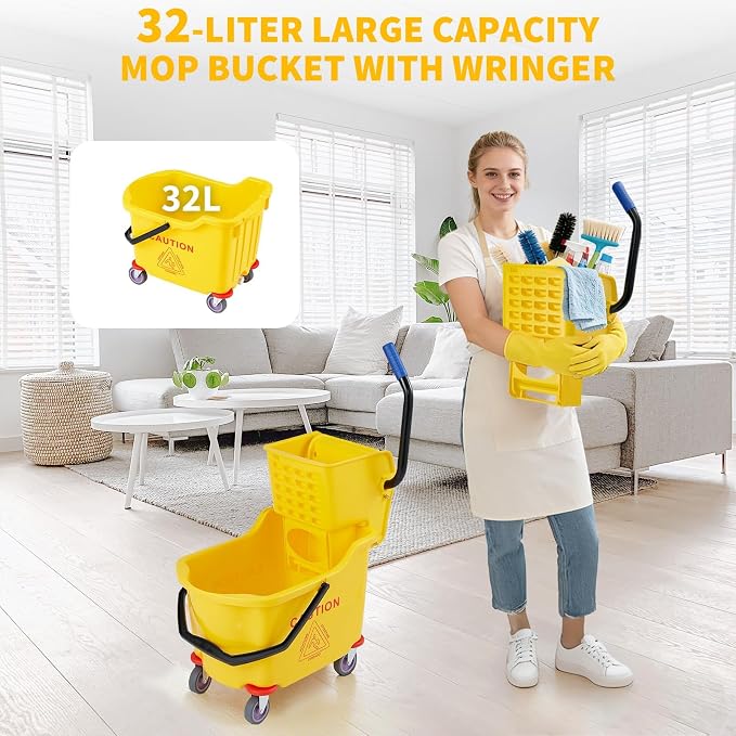 Commercial Mop Bucket with Wheels and Side Press Wringer, 35 Quart Large Capacity Floor Cleaning System for Janitorial, Kitchen, Restaurant, Office & Industrial Use, Yellow
