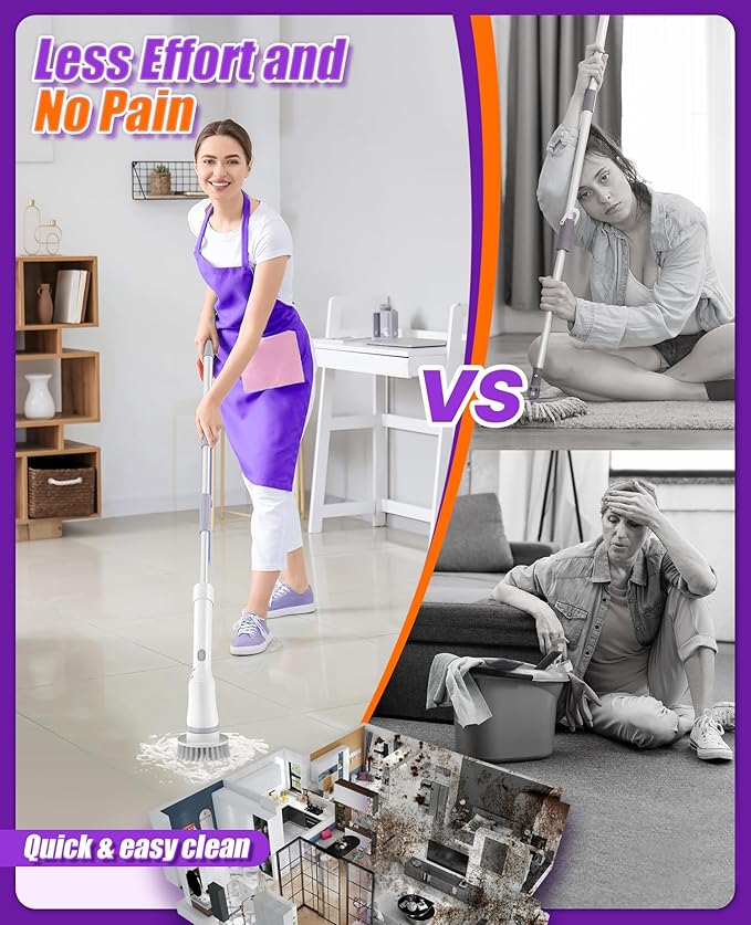 6-in-1 Electric Spin Scrubber, Cordless Power Scrubber with 47.2" Long Extendable Handle, 2-Speed Scrub Brush with Cleaning Scouring Pads, IPX7 Waterproof for Tile & Floor Cleaning, White-qb2
