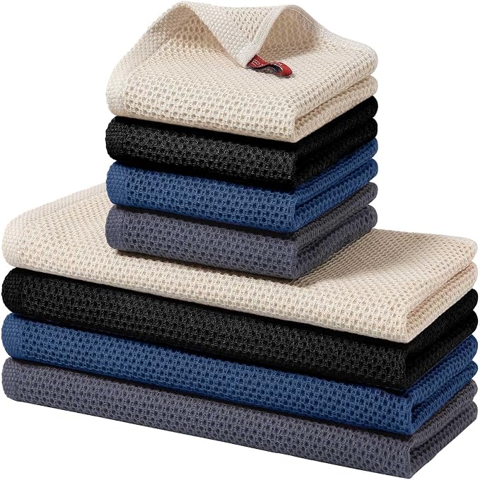 Homaxy 100% Cotton Kitchen Towels and Dishcloths Set, 12 x 12 Inches and 13 x 28 Inches, Set of 8 Bulk Kitchen Towels Set, Ultra Soft Absorbent Dish Cloths for Washing Dishes, Grey/Beige/Blue/Black