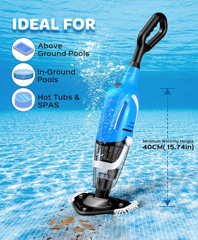 Pool Vacuum for Above Ground Pool with 78.7" Telescopic Pole, 80Min Runtime | Handheld Cordless Pool Cleaner with 18.5 Gallons/min Suction for Pools, Hot Tubs, Spas