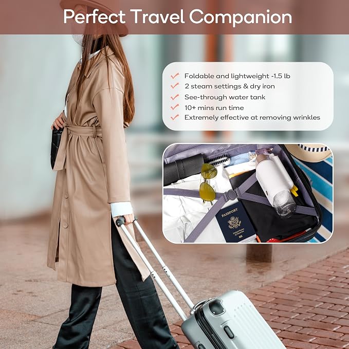 Newbealer Steamer for Clothes, 2 Steam Levels & Dry Iron, 120V Only (Gold) | Foldable & 20s Fast Heat, 360°Anti-Spill, 1200W 180ml Handheld Fabric Wrinkle Remover, 1.5 lbs Compact Size for Trip/Home