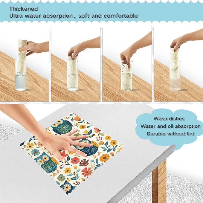 ALAZA Dish Towels Kitchen Cleaning Cloths Cute Owl Flowers Leaves Dish Cloths Absorbent Kitchen Towels Lint Free Bar Tea Soft Towel Kitchen Accessories Set of 6,11"x11"
