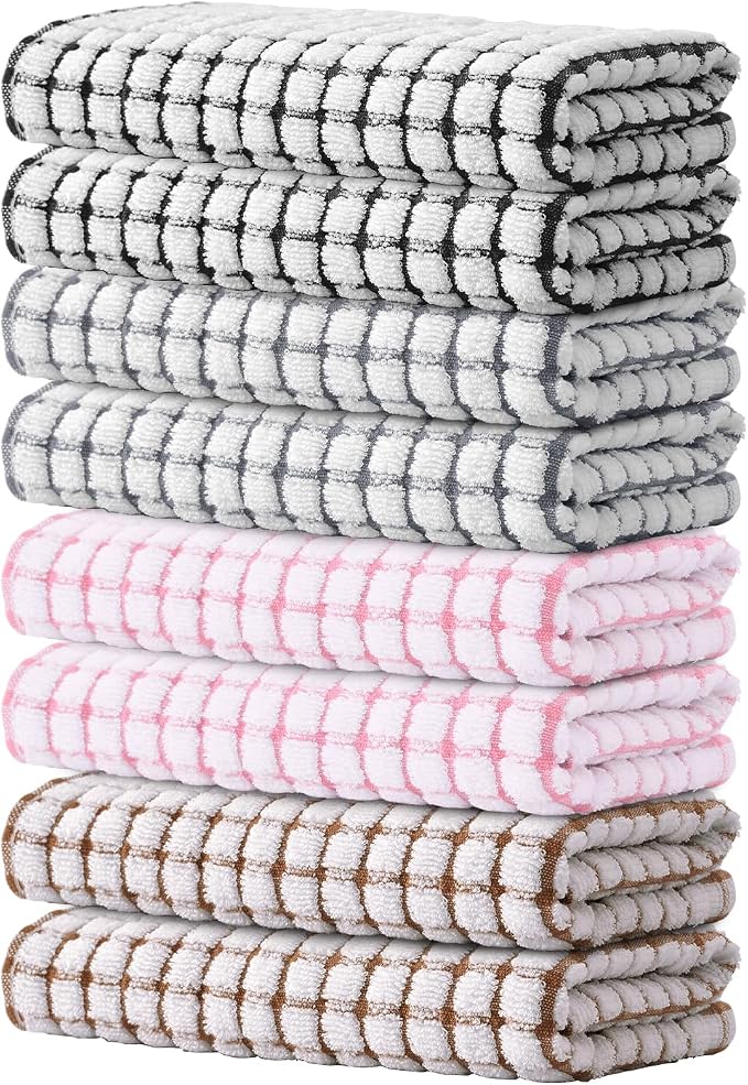 Kitinjoy Cotton 8 Pack Terry Kitchen Towels, 16 x 25 Inches Super Soft and Absorbent Dish Towels, Quick Drying Hand Towels for Kitchen Drying, Mix Color