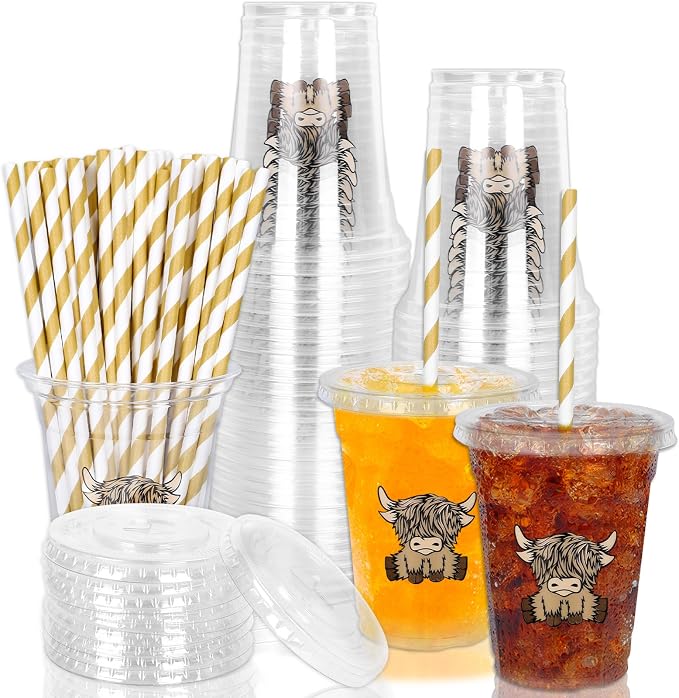 Whaline 50 Pcs Highland Cow Disposable Plastic Cups with Lids and Straws 12 oz Cute Farm Cow Party Cup Cold Beverage Drinking Cups for Birthday Baby Shower Wedding