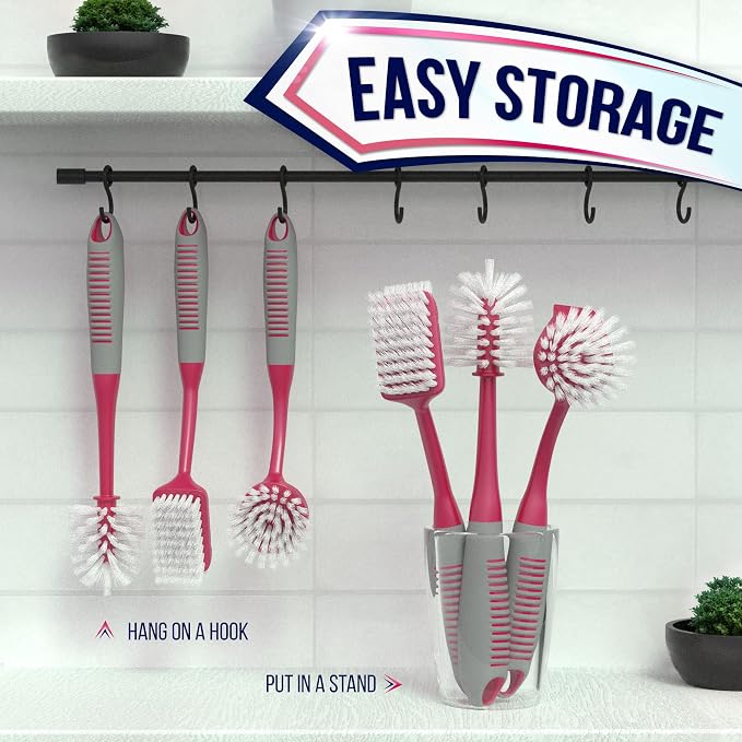 Dish Brush Set of 4 with Bottle Water Brush, Dish Scrub Brush, Scrubber Brush and Straw Brush + Scrub Brushes Set of 3 for Cleaning Bathroom, Shower, Tile, Kitchen, Floor, Bathtub.