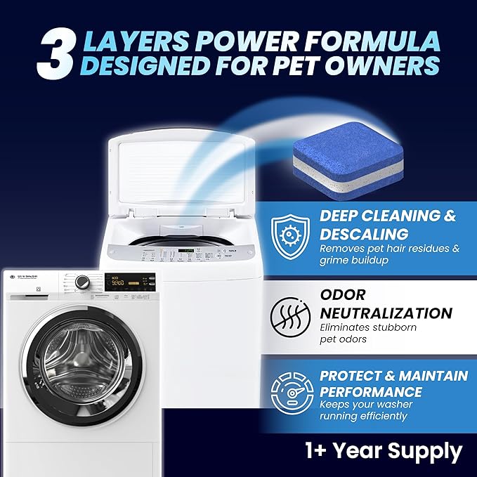 Washing Machine Cleaner Pro Tablets for Pet Owners - 84 Pack, Front & Top Load Washer Deep Cleaning, Septic Tank Safe, HE Support, Remove Stubborn Pet Hair, Eliminates Smells, Prevents Dander Build-up