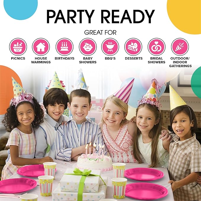 Exquisite Party Solids Hot Pink Plates Disposable Hot Pink Plastic Plates 100 Pieces - 50-7" & 50-9" Heavy Duty 350 GSM Disposable Dinnerware Sets, Plastic Dinnerware Sets