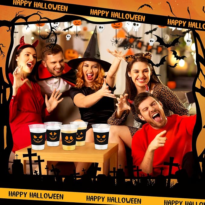 Bokon 100 Pcs Pumpkin Halloween 12 oz Plastic Cups Disposable Cocktail Glasses Happy Halloween Cute Disposable Cups for Coffee Juice Hot Cold Drinks Party Supplies(Black, Pumpkin)