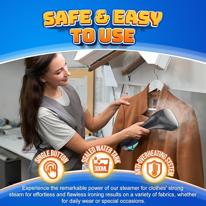 Steamer for Clothes, 1800W Clothes Steamer Handheld with 15s Fast Heat-Up, 3 Steam Modes, 300ml Tank, Portable Garment Steamer Wrinkle Remover with Fabric Brush & Glove for Home, Travel, Dorm, Office