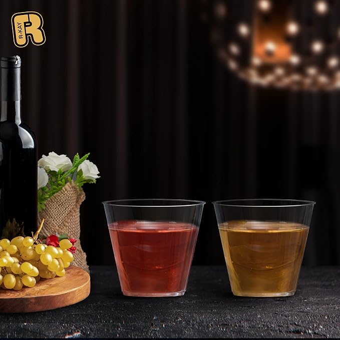 R-kay 9 Oz Clear Plastic Cups For Party - Clear Cups 100 Pack - Heavy Duty Disposable Cups/Tumblers - Plastic Wine Glasses For Parties Disposable - Plastic Cocktail Glasses - Party Cups Disposable