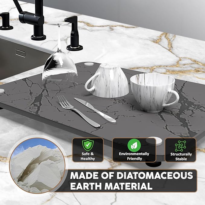 Stone Drying Mat for Kitchen Counter - Premium Diatomaceous Earth Mat | Quick Drying, Super Absorbent | Non-Toxic, BPA-Free, Eco-Friendly |16"x12" Standard Size (16"x12")