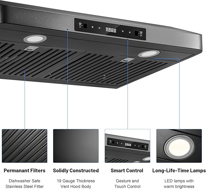 Range Hood 30inch Under Cabinet, 900CFM Black Kitchen Vent Hood with Gesture/Touch Control and Permanent Stainless Steel Filters, Ducted Vent, Top and Rear Vents