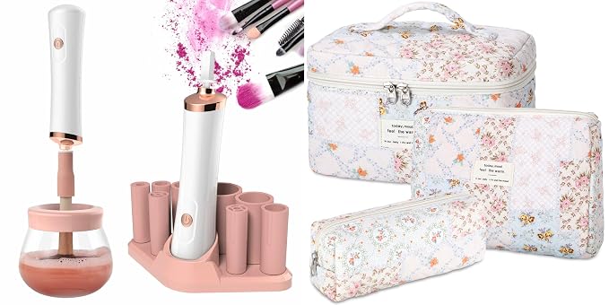 Senbowe Makeup Brush Cleaner and Large Cotton Floral Makeup Bag