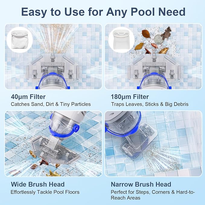 Upgraded Cordless Pool Vacuum with Telescopic Pole, 60 Min Powerful Suction & Transparent Head, Rechargeable Handheld Cleaner for Above Ground Pools, Inground Pools, Hot Tubs and Spa