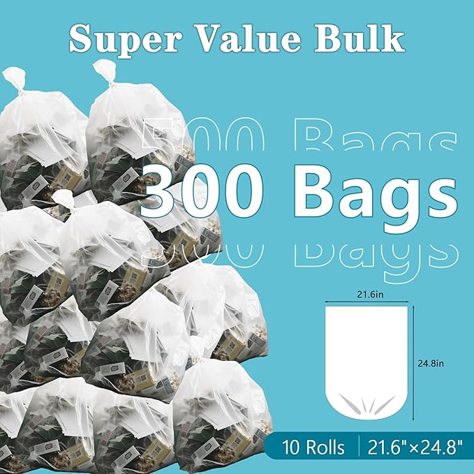 300 Count 7-9 Gallon Trash Bags, 13 Micron Extra Thick 8 Gallon Medium Garbage Bags, Unscented White Wastebasket Trash Can Liners for Bathroom Kitchen Home Office