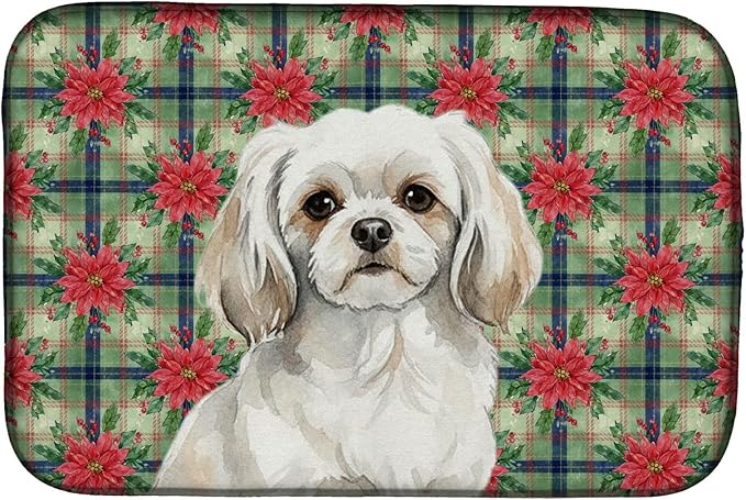 Caroline's Treasures White Tibetan Spaniel Christmas PoinsettIas Dish Drying Mat Absorbent Dish Drying Mat Pad for Kitchen Counter Dish Drainer Mat for Countertop, 14 x 21", Multicolor