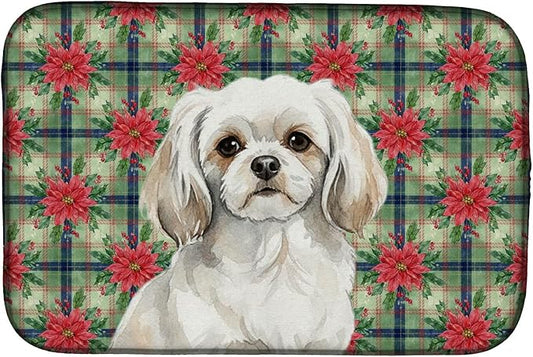 Caroline's Treasures White Tibetan Spaniel Christmas PoinsettIas Dish Drying Mat Absorbent Dish Drying Mat Pad for Kitchen Counter Dish Drainer Mat for Countertop, 14 x 21", Multicolor