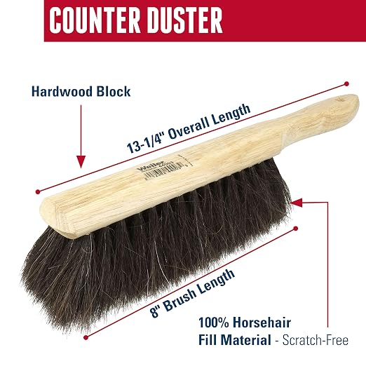 Weiler 44003 Horsehair Counter Duster with Wood Handle, Horsehair Fill, 2-1/2" Head Width, 8" Overall Length, Natural