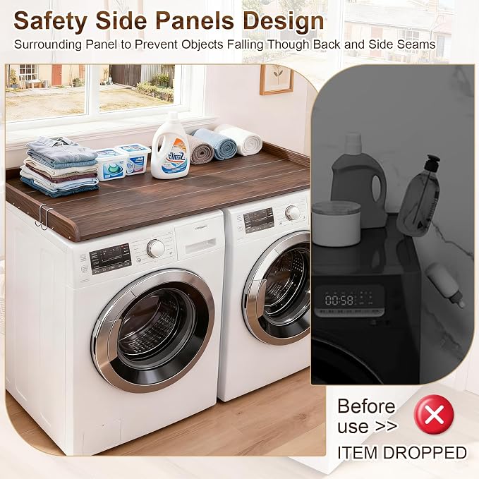 Chortmok Washer Dryer Countertop, HDPE Laundry Countertop with Edge Rails, No-Installation-Brown