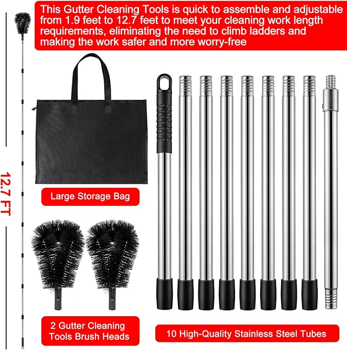 Gutter Cleaning Tools from The Ground - 12.7FT Long Adjustable gutter Cleaner & Brush, No Ladder Needed | Gutter Clean Out Tool Makes it Easy To Clean Leaves, Branches And Debris from Gutters