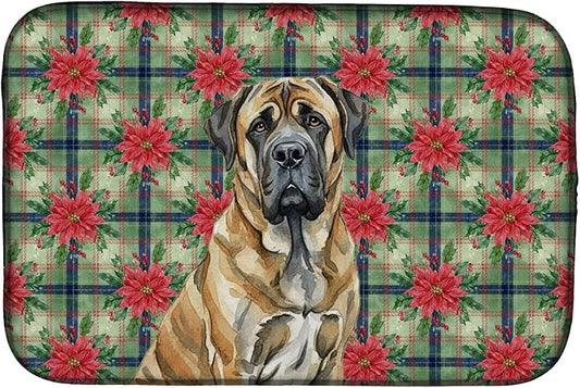 Caroline's Treasures Brindle English Mastiff Christmas PoinsettIas Dish Drying Mat Absorbent Dish Drying Mat Pad for Kitchen Counter Dish Drainer Mat for Countertop, 14 x 21", Multicolor