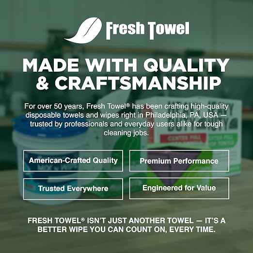 Fresh Towel Heavy Duty White Shop Towels 160 Sheets, 9x12 Inch Disposable Center Pull Shop Rags for Painters, Contractors, Automotive and Garage, Tough as Rags Streak Free Cleaning Towels, FT800