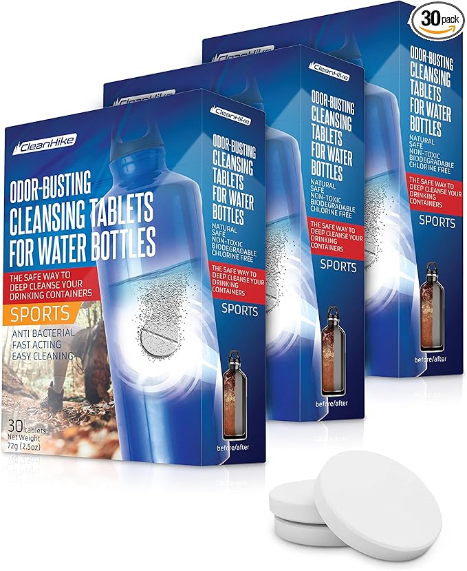 CleanHike Tumbler Water Bottle Cleaning Tablets - (90 Tablets) All Natural Ingredient, Great for All Stainless, Plastics, Ceramic and Glass Drinking Containers, Individually Packed (3)