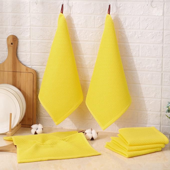 Kitinjoy 100% Cotton Kitchen Dish Cloths (12 X 12 Inches, Yellow), 6 Pack Waffle Weave Ultra Soft Absorbent Dish Towels for Drying Dishes Quick Drying Kitchen Towels Dish Rags