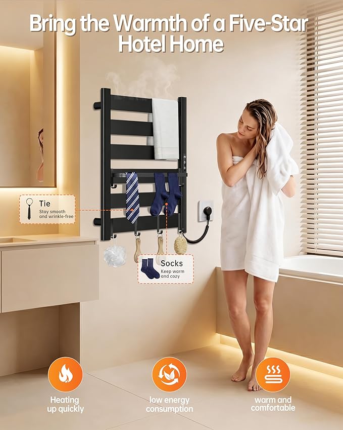6-Bar Wall-Mounted Heated Towel Rack – Fast PTC Heating in 6 Minutes, Adjustable Temperature & Timer, Space Aluminum, Matte Black, Large Capacity Blanket Warmer,Towel Warmer for Family Bathrooms