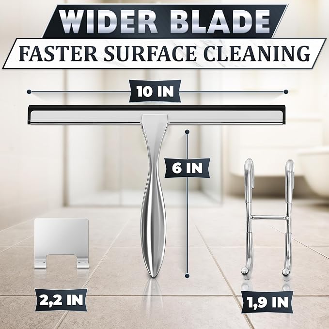 Shower Door Squeegee with Hook - 10" Silicone Blade, Stainless Steel Squeegee for Shower Glass with Adhesive Mount - All-Purpose Bathroom Tile, Mirror, & Window Wiper for Streak-Free Cleaning (Silver)