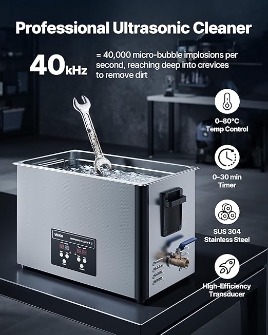 VEVOR 30L Ultrasonic Cleaner, Professional Ultrasonic Cleaner Machine with Cleaning Basket & Digital Display, 480W Stainless Steel 40kHz Industrial Cleaning Machine for Parts, Carburetors, Instruments