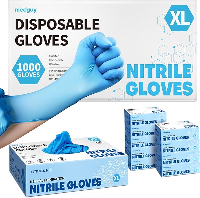 Medguy Powder-Free Nitrile Exam Gloves, 4.5 Mil, 1000 Count, Blue Food-Safe Disposable Gloves for Medical, Cooking, Cleaning