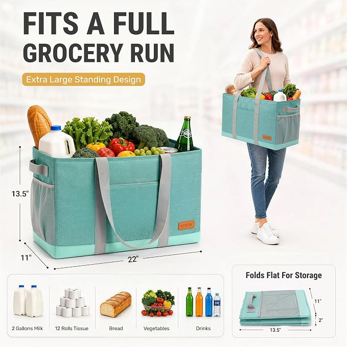 WONDAY Extra Large Utility Tote Bag - Standing Reusable Grocery Bag with Handle, Collapsible Storage for Shopping, Beach