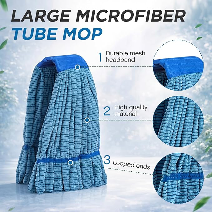 Hushee 6 Pack Large Microfiber Tube Mop Heads 18 oz Heavy Duty Commercial Industrial Wet Mop Head Refill Reusable Machine Washable Looped End Mopheads for Hardwood, Tile, Laminate Floors (Blue)