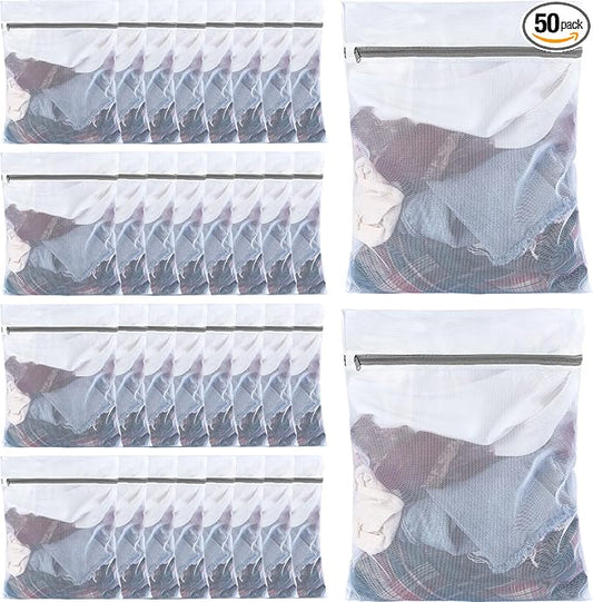 Nuenen 50 Pcs Mesh Laundry Wash Bags with Zipper Machine Washable Lingerie Bags for Washing Delicates Clothes Garment Underwear Blouse Hosiery Socks Travel (16 x 20 Inches,Gray)