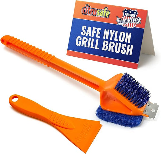 CitruSafe 3in1 Nylon Grill Brush with Cookbox Scraper - Made in USA - Non Metal, No Wire Bristles, Safe BBQ Brush for Outdoor Grills - Grilling Accessories & Tools to Clean Cool Grill Grates