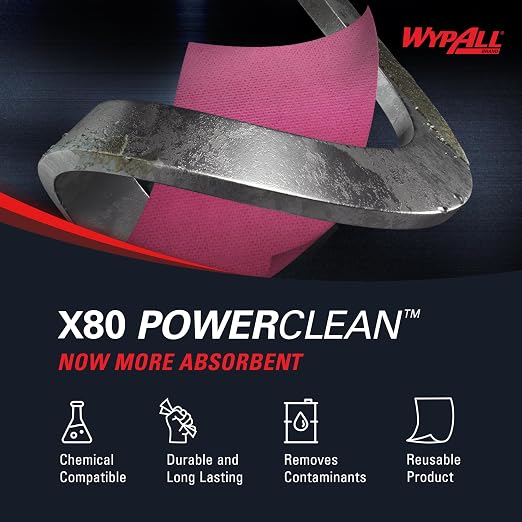 WypAll PowerClean X80 Cloths Heavy Duty Wipes (41029), Quarterfold, Extended Use Towels, Red (4 Packs of 50 Sheets, 200 Sheet Total)