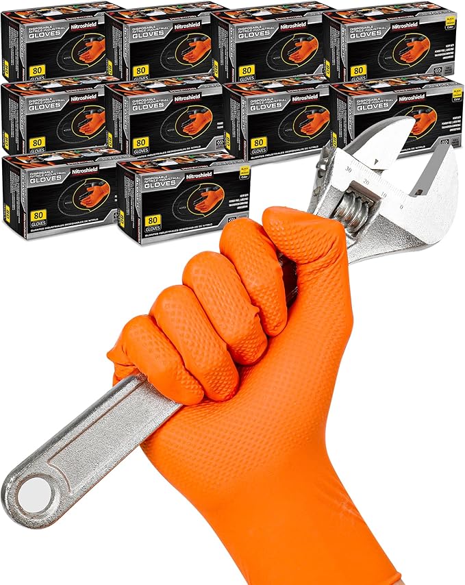 nitroshield 9mil Heavy Duty Disposable Nitrile Gloves,Orange Medium 800Pcs -Chemical Resistant, Latex & Powder Free Rubber Gloves Diamond Texture for Automotive, Mechanics, Cooking,BBQ, Industrial Use